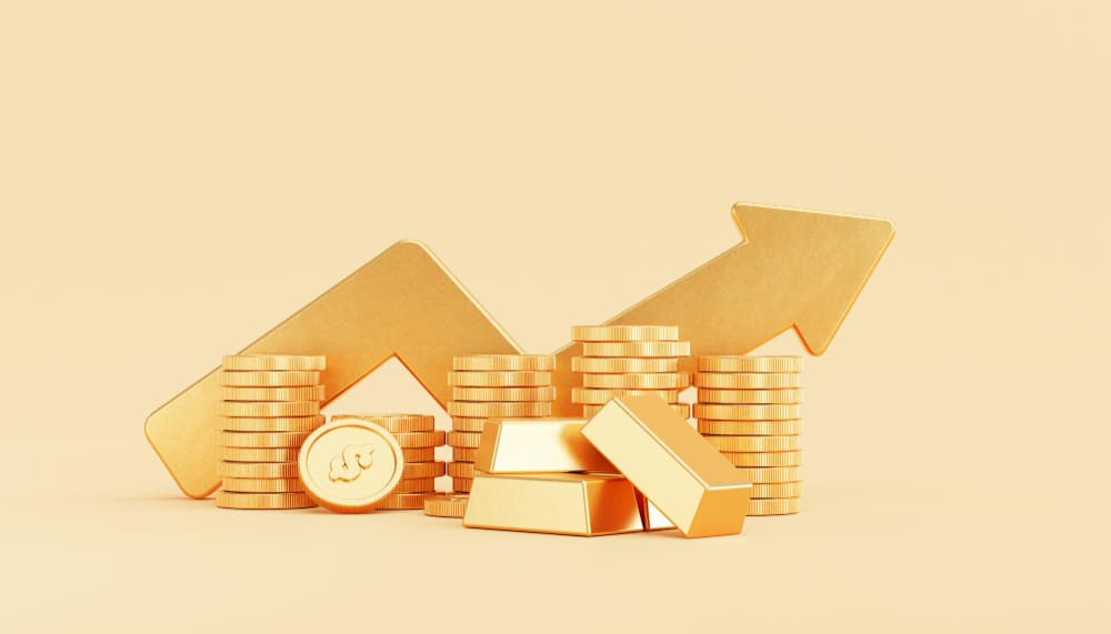 金塊と金貨でお金は増やすものだと、投資について説明している。