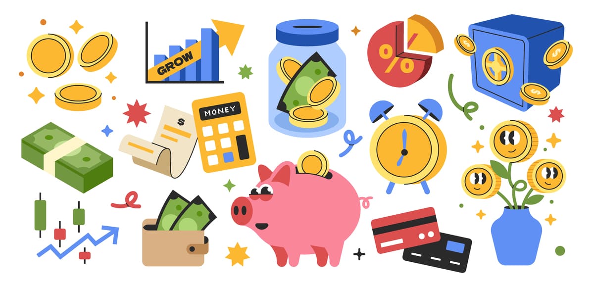 投資貯蓄現金クレジットカードなどの絵でマネーリテラシーを説明している。