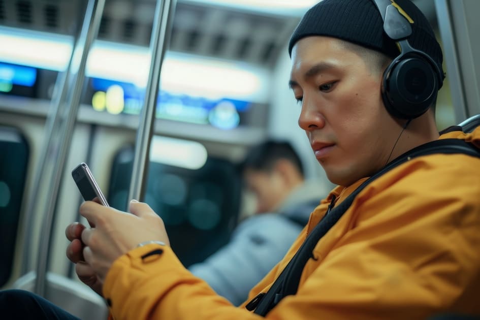 電車内で音が漏れないよう注意しながらヘッドフォンで音楽を聴く若い男性。