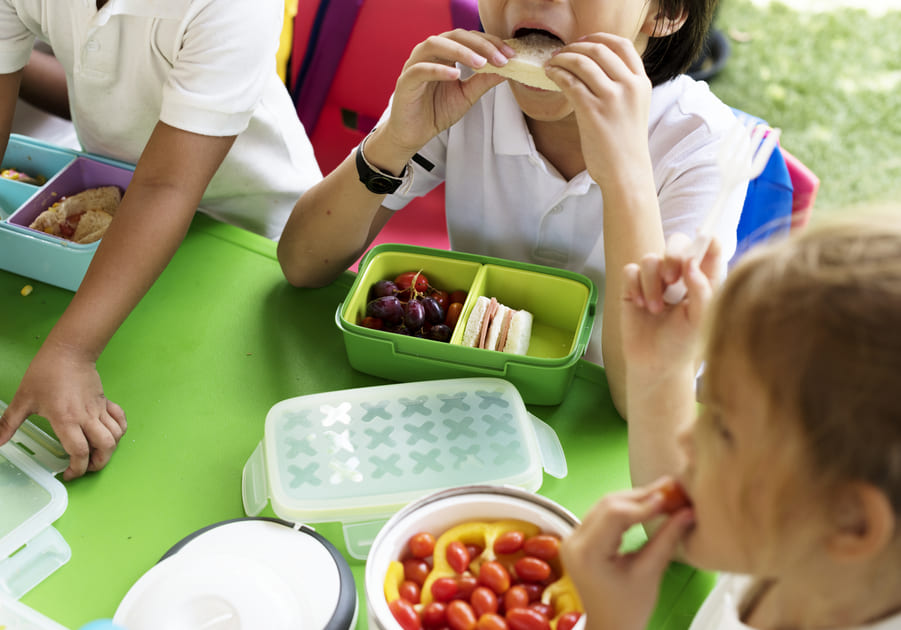 サンドウィッチ、フルーツが入ったランチボックスを食べている小学生グループ。