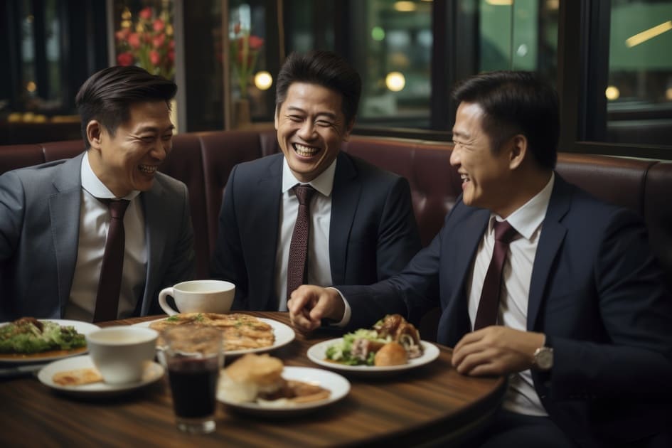 サラリーマン3人がファミリーレストランで昼食を楽しんでいる。