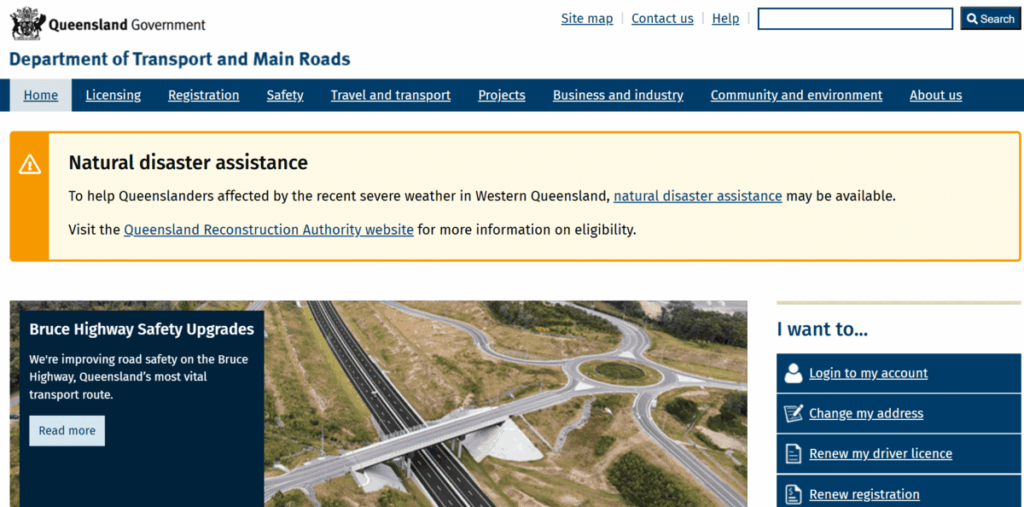 オーストラリア　クイーンズランド州の交通主要道路局のホームページのトップ画面。