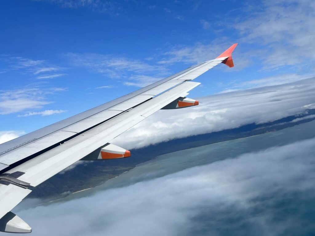 雲の上を飛ぶ飛行機の尾翼。