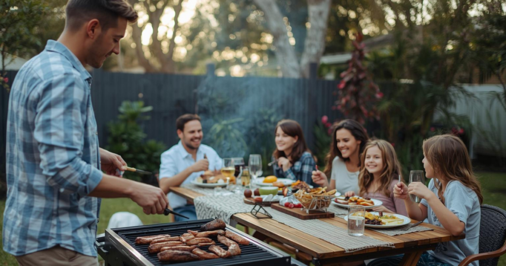 オーストラリアの家の庭でBBQを楽しんでいる若い家族