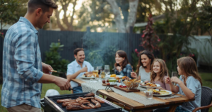 オーストラリアの家の庭でBBQを楽しんでいる若い家族