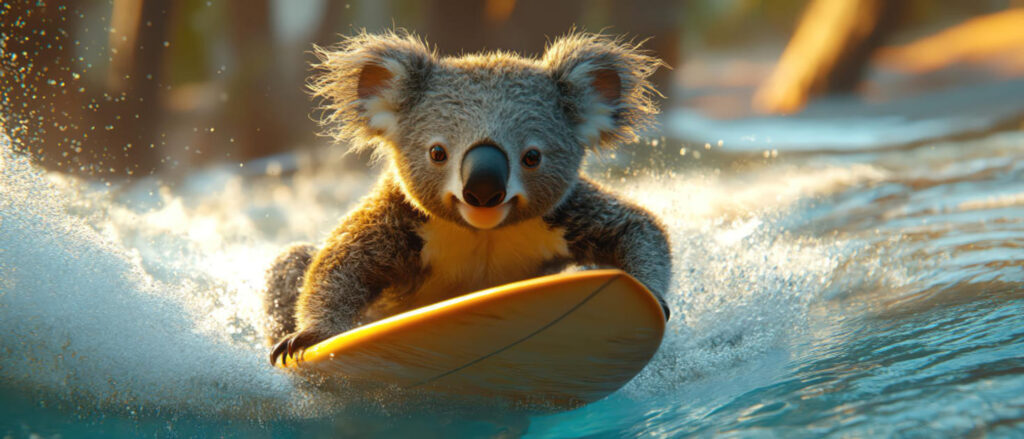 コアラがサーフィンをしてオーストラリアの面白い文化を表している