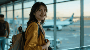 空港で海外旅行に行く若い女性が笑顔で搭乗を待っている