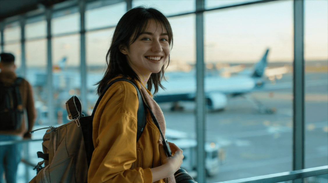 空港で海外旅行に行く若い女性が笑顔で搭乗を待っている